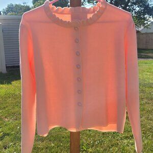 Soft Peach Ruffle-Trim Button Cardigan Sweater